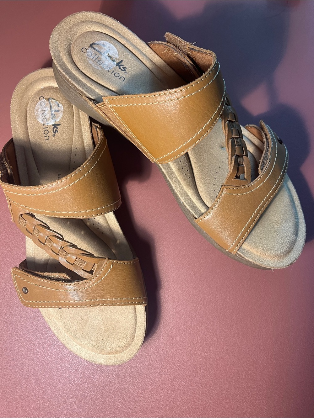 Clarks Tan Leather Slide Sandals with Braided Strap never been warm outside